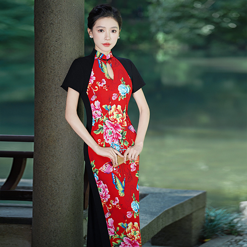 2025新款走秀旗袍高弹力长款演出旗袍表演出服舞台妈妈装花枝
