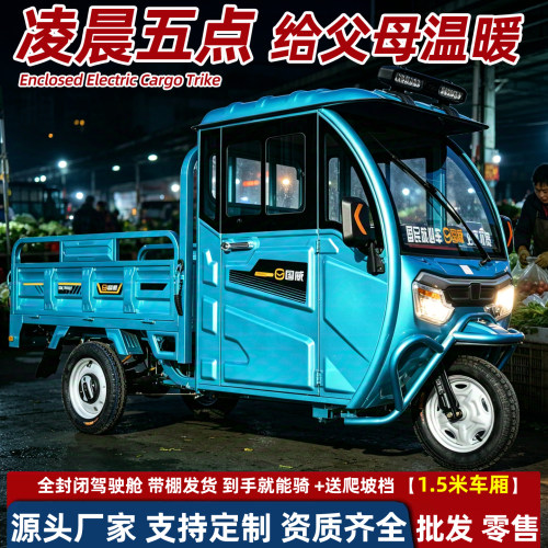 国威电动三轮车带棚拉货全封闭车棚电三轮小买卖进货电动车包邮3C
