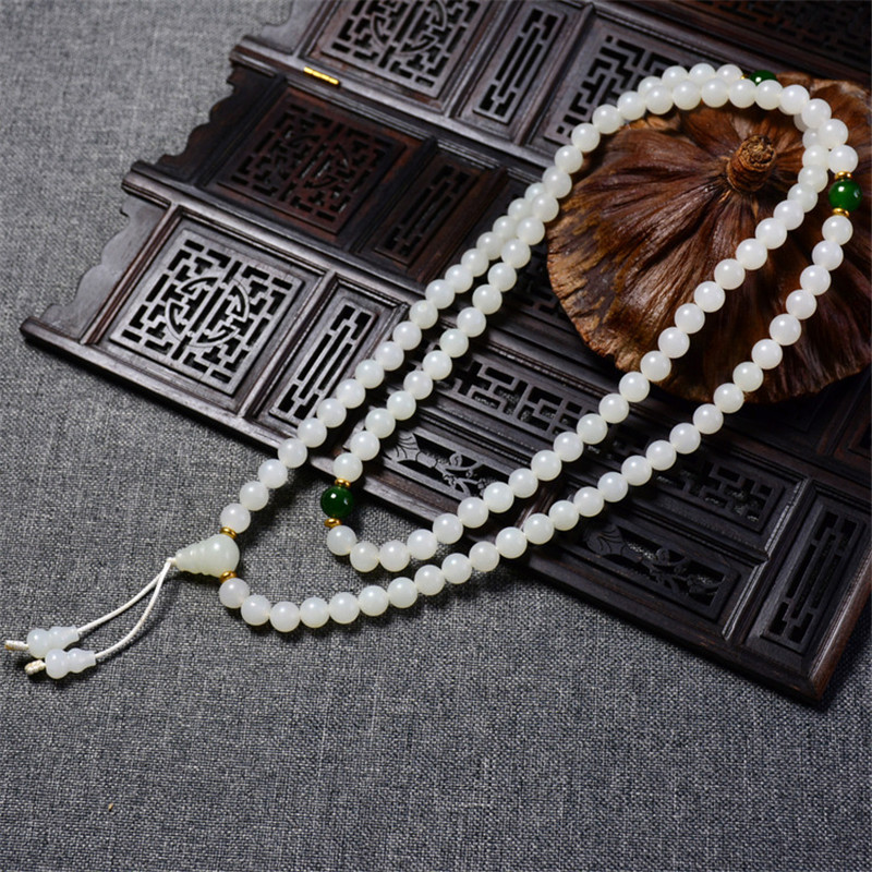 和田玉108颗项链羊脂白玉8mm素圆珠手串多圈毛衣链时尚百搭男女款