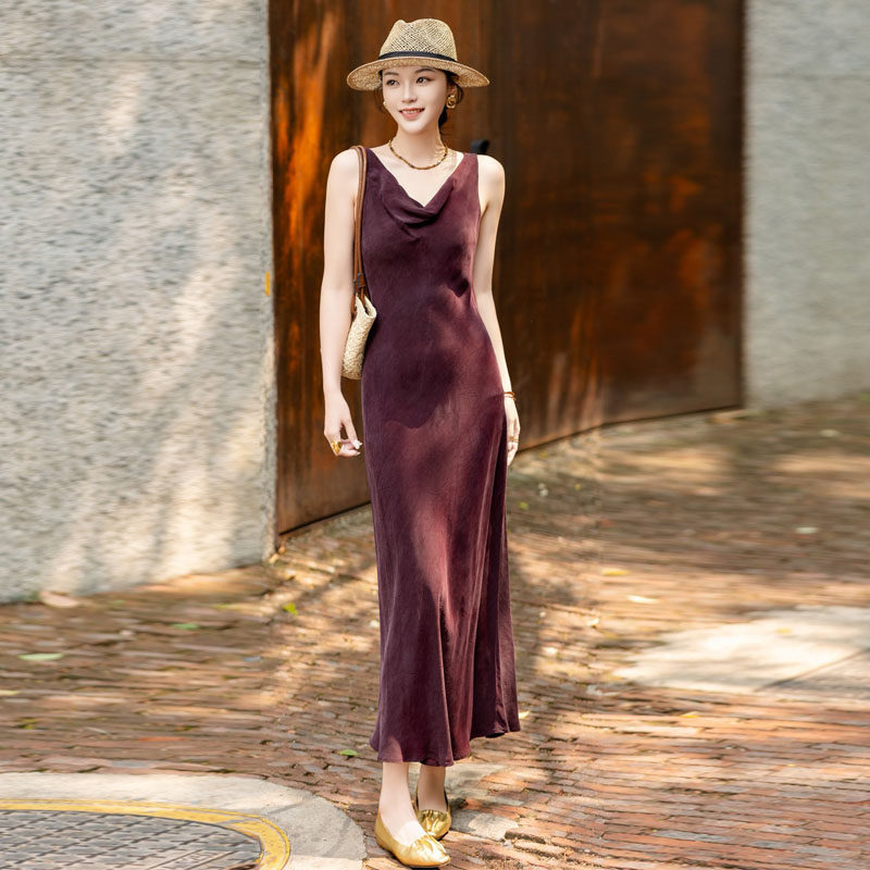 【栖谷】爆款100%铜氨丝45度斜裁背心荡领连衣裙新款修身高级裙子