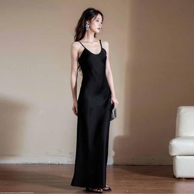 重磅醋酸长款U领显瘦吊带连衣裙