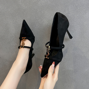 细跟高跟鞋女2025秋冬新款优雅气质绒面一字带尖头女单鞋浅口百搭