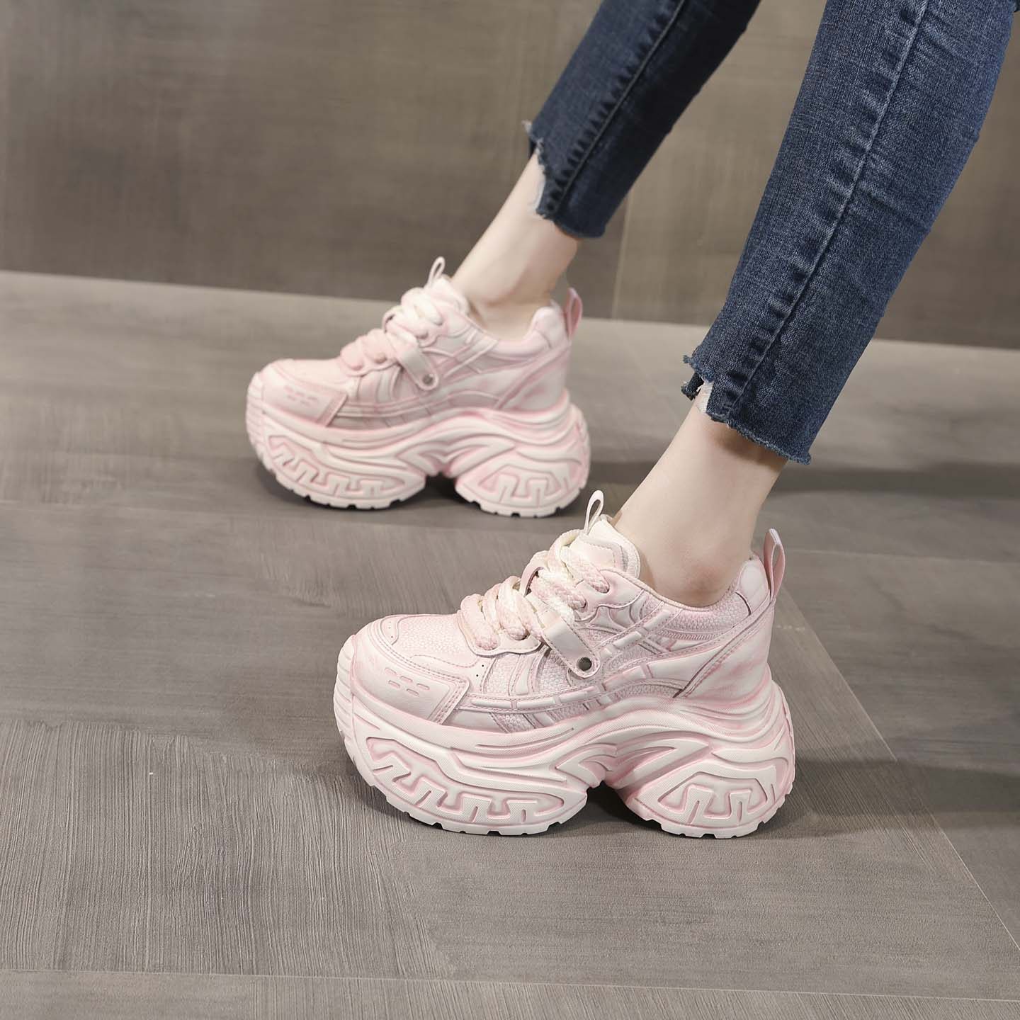 粉色老爹鞋女款2026春季新款真皮厚底运动休闲鞋女9CM内增高女鞋,女鞋,时尚休闲鞋,淘宝优惠券,粉丝福利购,淘宝优惠卷