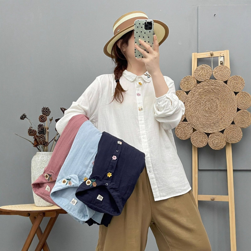 棉纱长袖衬衫女春秋新款文艺小清