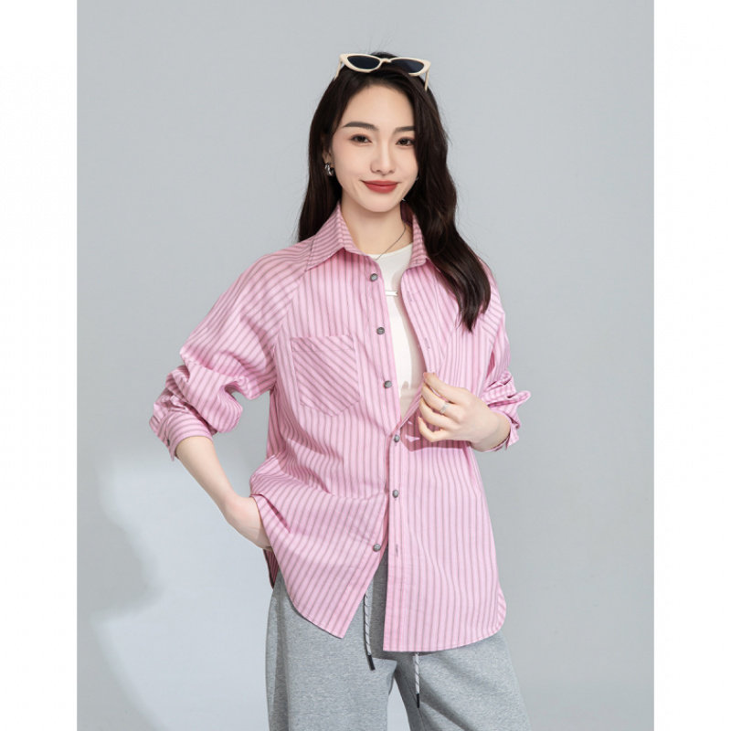 粉色条纹衬衫女春款宽松显瘦