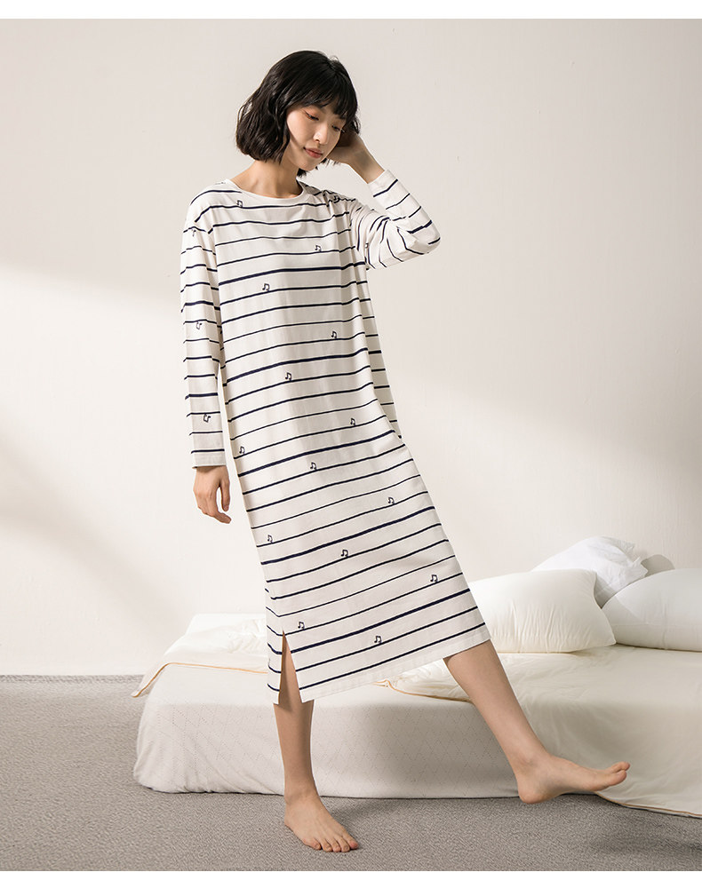 康妮雅睡衣家居服休闲棉 氨纶圆领套头条纹长袖宽松女睡裙622249