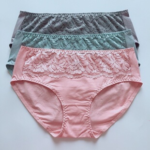 康妮雅家居服睡衣舒适棉+莱卡中高腰蕾丝舒适平角女内裤B21001(2