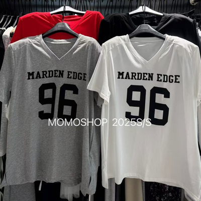 韩版2025夏V领数字印花垫肩T恤女