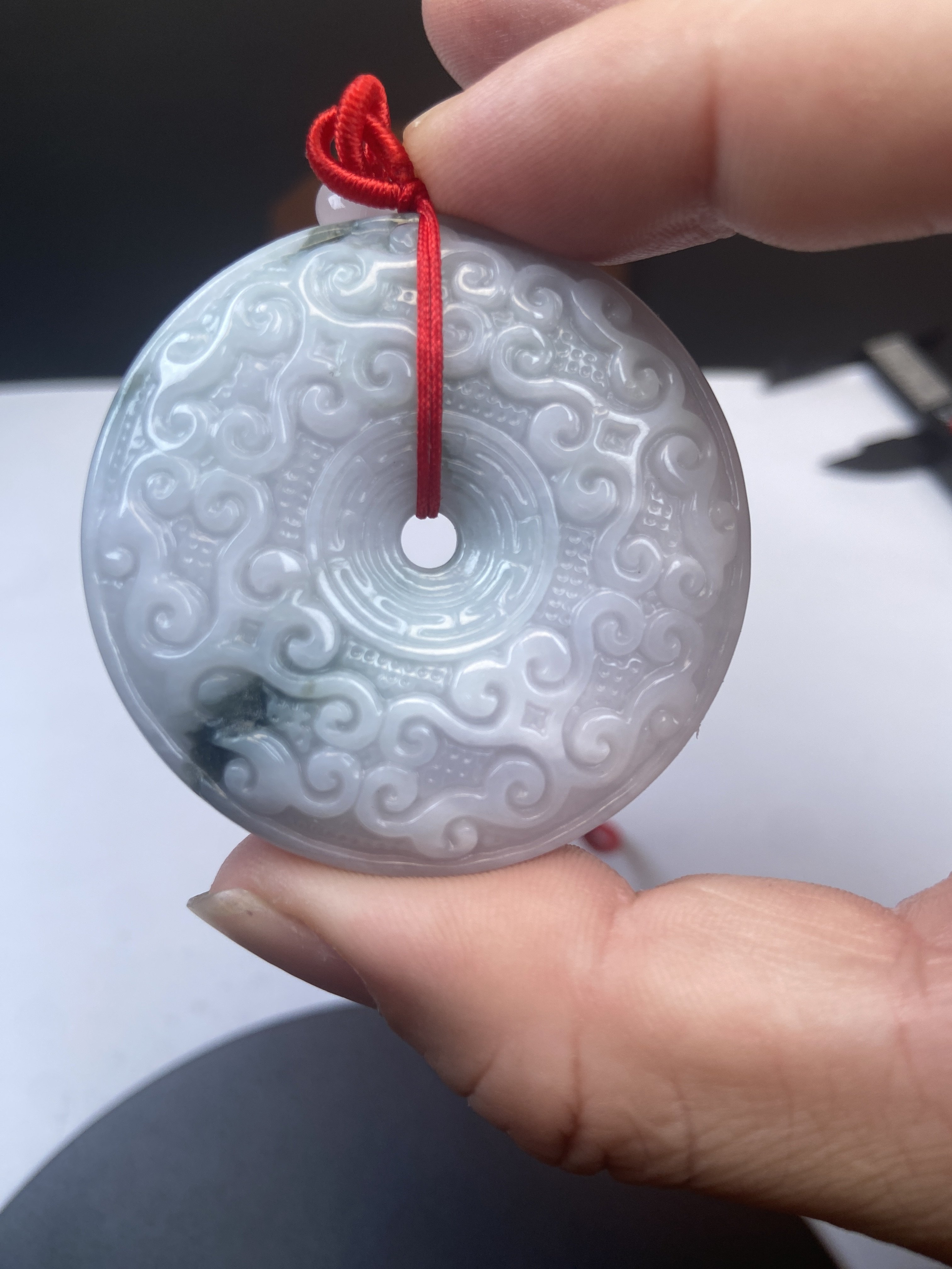 仿古玉璧平安扣吊坠  天然A货缅甸翡翠冰种红绳