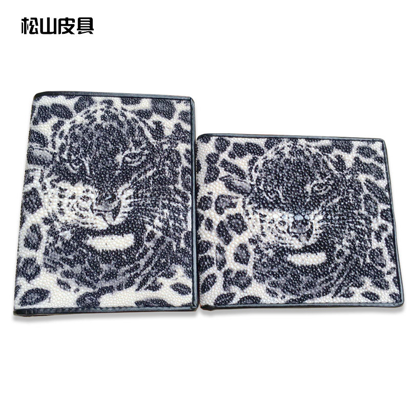 正品珍珠鱼皮短款钱包男女通用钱夹豹纹二折短夹魔鬼鱼皮票夹