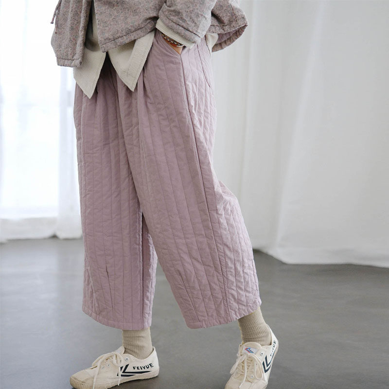 冬季原创休闲文艺纯棉绗缝夹棉九分裤女宽松大码松紧腰阔腿薄棉裤