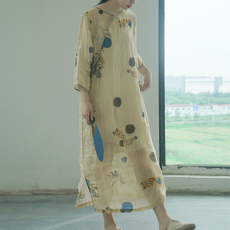 蓝月印花苎麻改良汉服旗袍