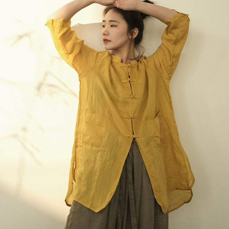 夏季禅意中国风纯苎麻宽松中性对襟盘扣开衫长款仙气清透防晒衬衫