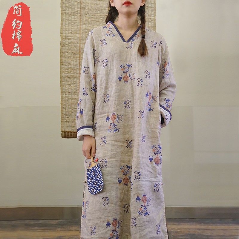文艺复古风纯亚麻改良汉服连衣裙