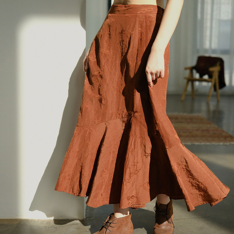 春夏款复古高级感人丝亚麻提花鱼尾裙中长款 修身显瘦开衩半身裙