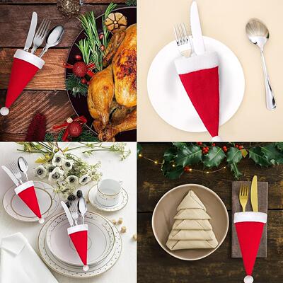 Christmas hat, red knife and fork cover, wine bottle cover