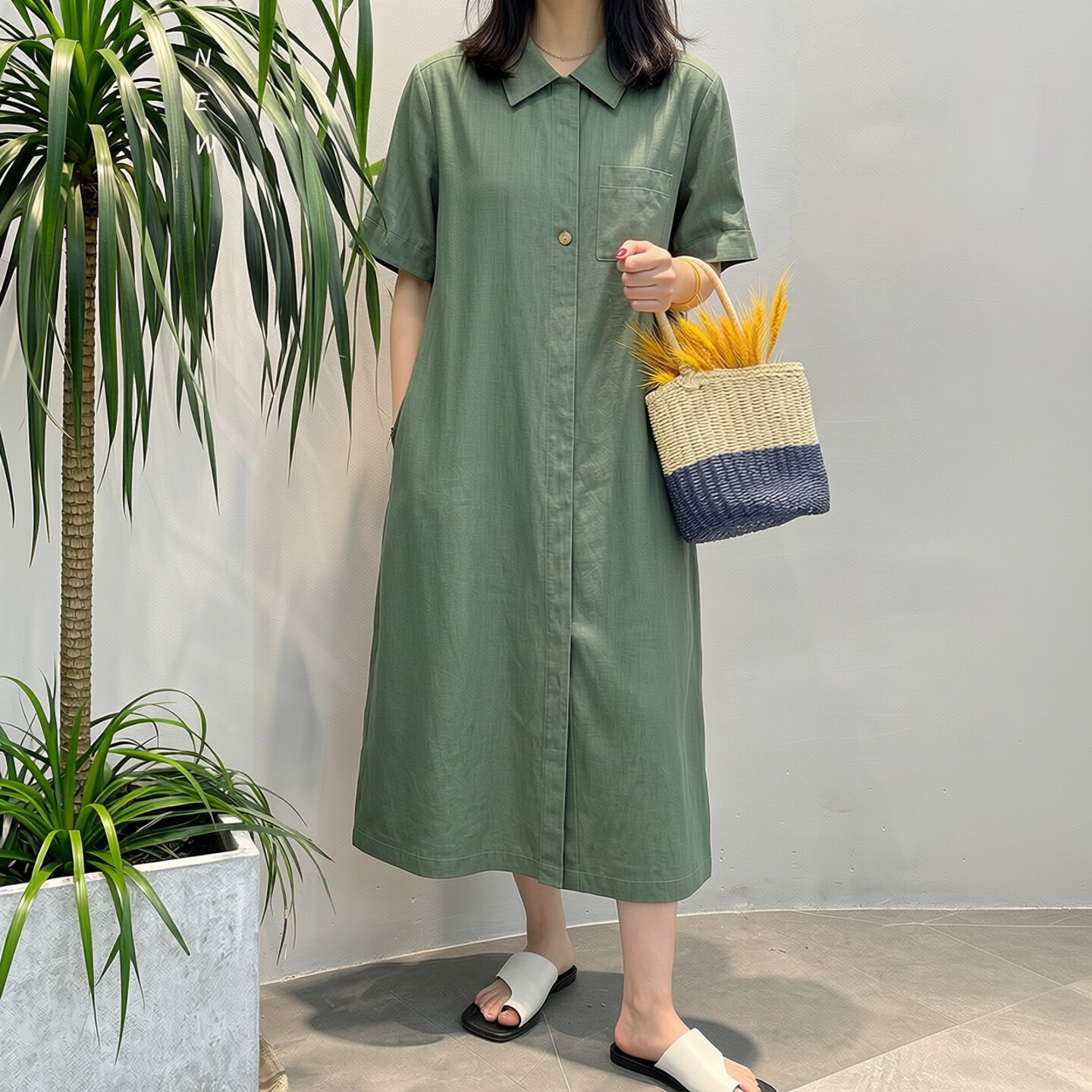 外贸大码日系亚麻衬衫连衣裙女夏宽松中长款单排扣翻领裙显瘦简约