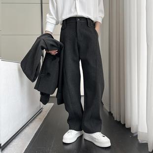 轻熟风灰色毛呢弯刀休闲裤男款秋冬加厚裤子韩版通勤直筒阔腿西裤