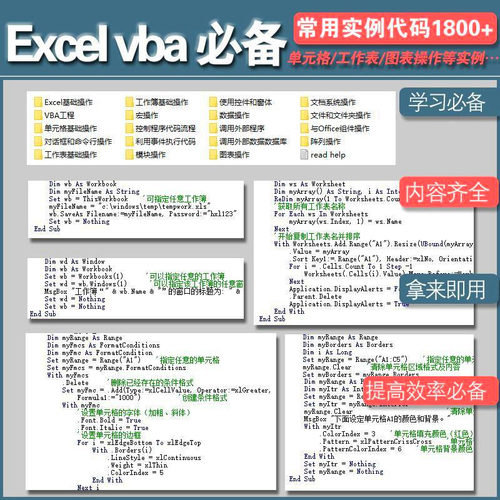 EXCEL VBA宏编程实用经典范例实例代码常用案例参考