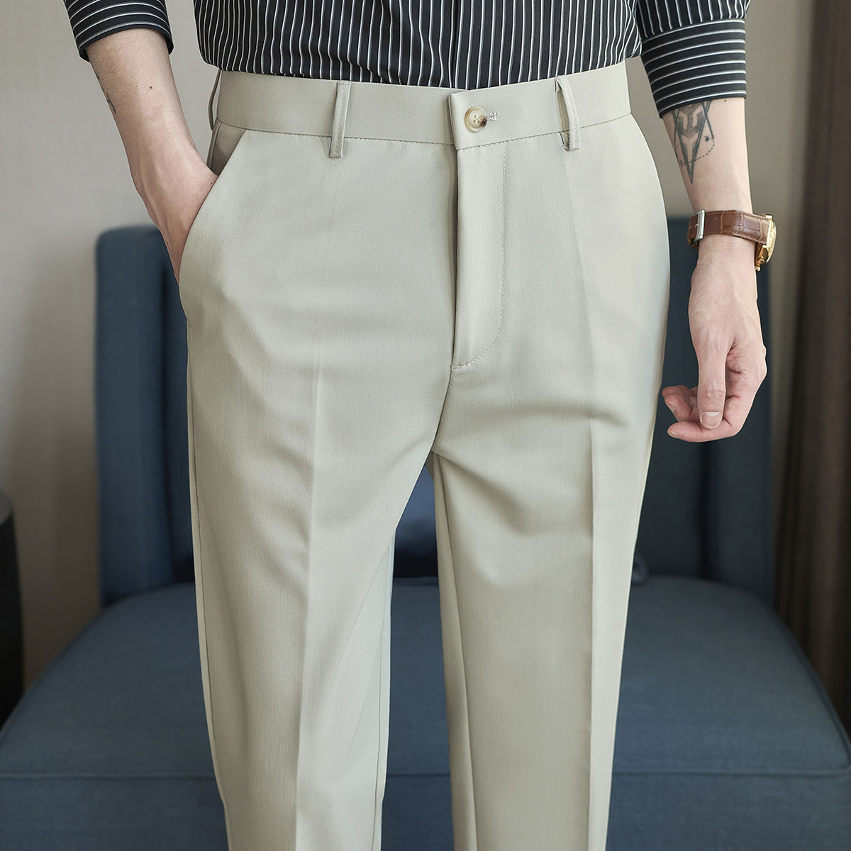 春夏小直筒西裤9分裤男青年简约休闲ZK538-P60杏色（98），男装西裤，电商A159