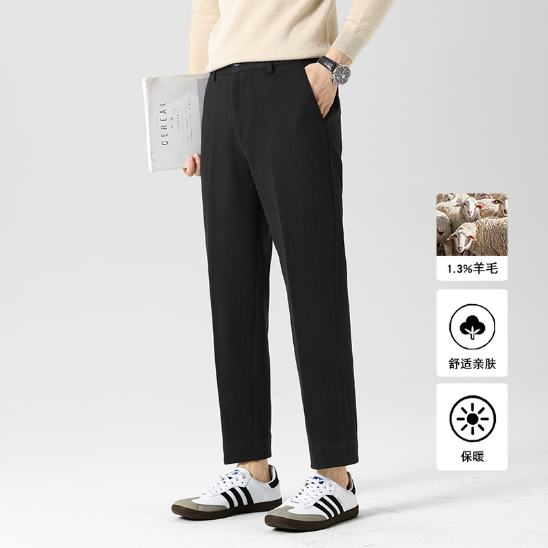 冬款羊毛毛呢西裤半松紧腰修身长裤黑K8087-P95无影墙(148），男装休闲裤，电商A159