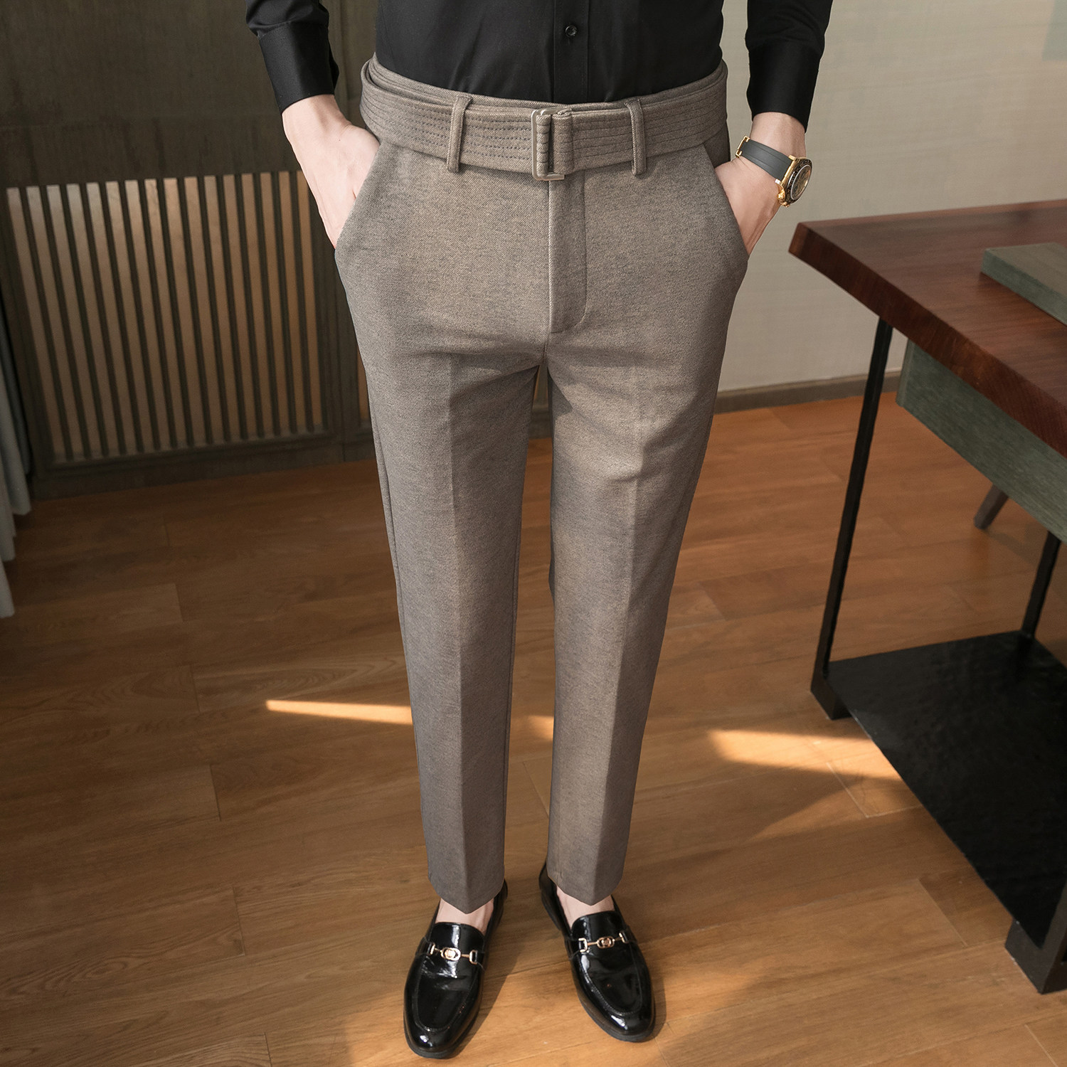 冬款毛呢保暖休闲裤配腰带男裤卡其K998-P65柏悦风（98），男装棉衣，电商A159