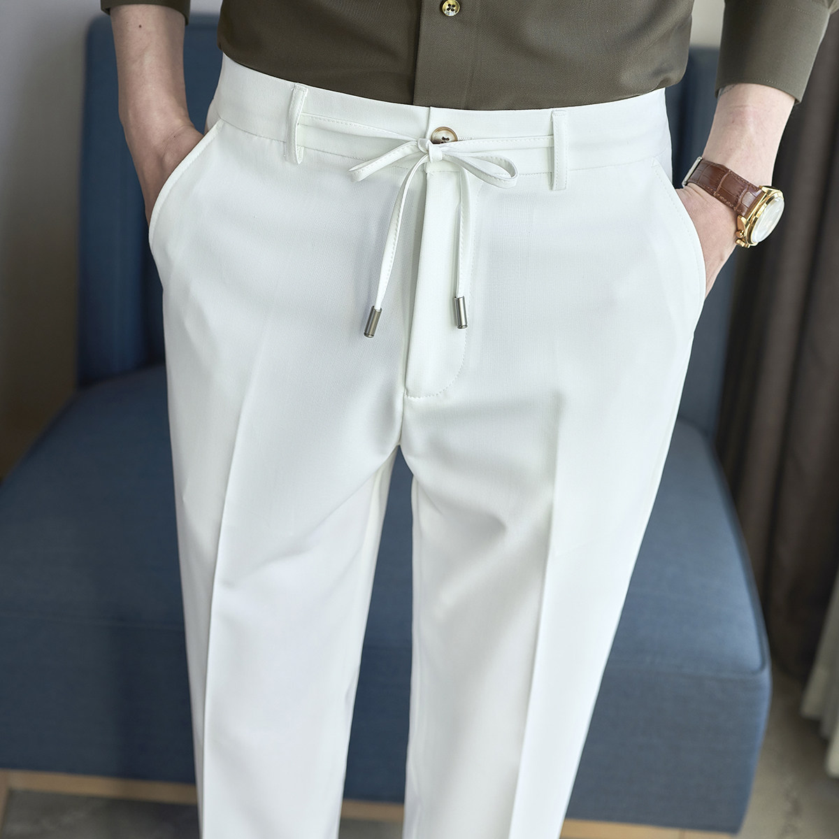 春夏小直筒西裤9分裤男配系绳简约休闲ZK537-P65白色（98），男装西裤，电商A159