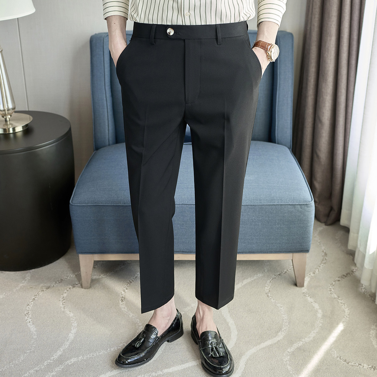 春夏小直筒西裤9分裤男青年简约休闲ZK533-P65黑色（98），男装西裤，电商A159