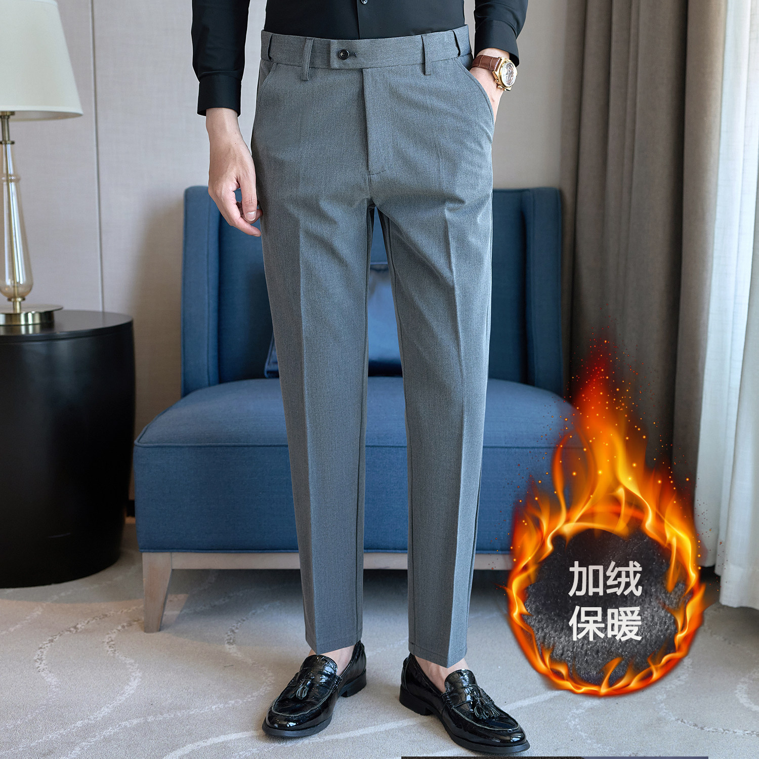 冬款加绒保暖西裤伸缩腰休闲裤藏青ZK9039-P63一口价（108）,男装西裤,电商A159