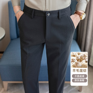 冬款纯色羊毛毛呢长裤 小直筒休闲裤 黑色ZK9007-P75 (118）图片