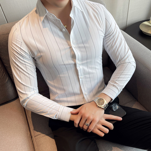 男士商务修身条纹衬衫 免烫抗皱长袖衬衫潮流 白色 Y26-P35特批,男装衬衫,电商A159