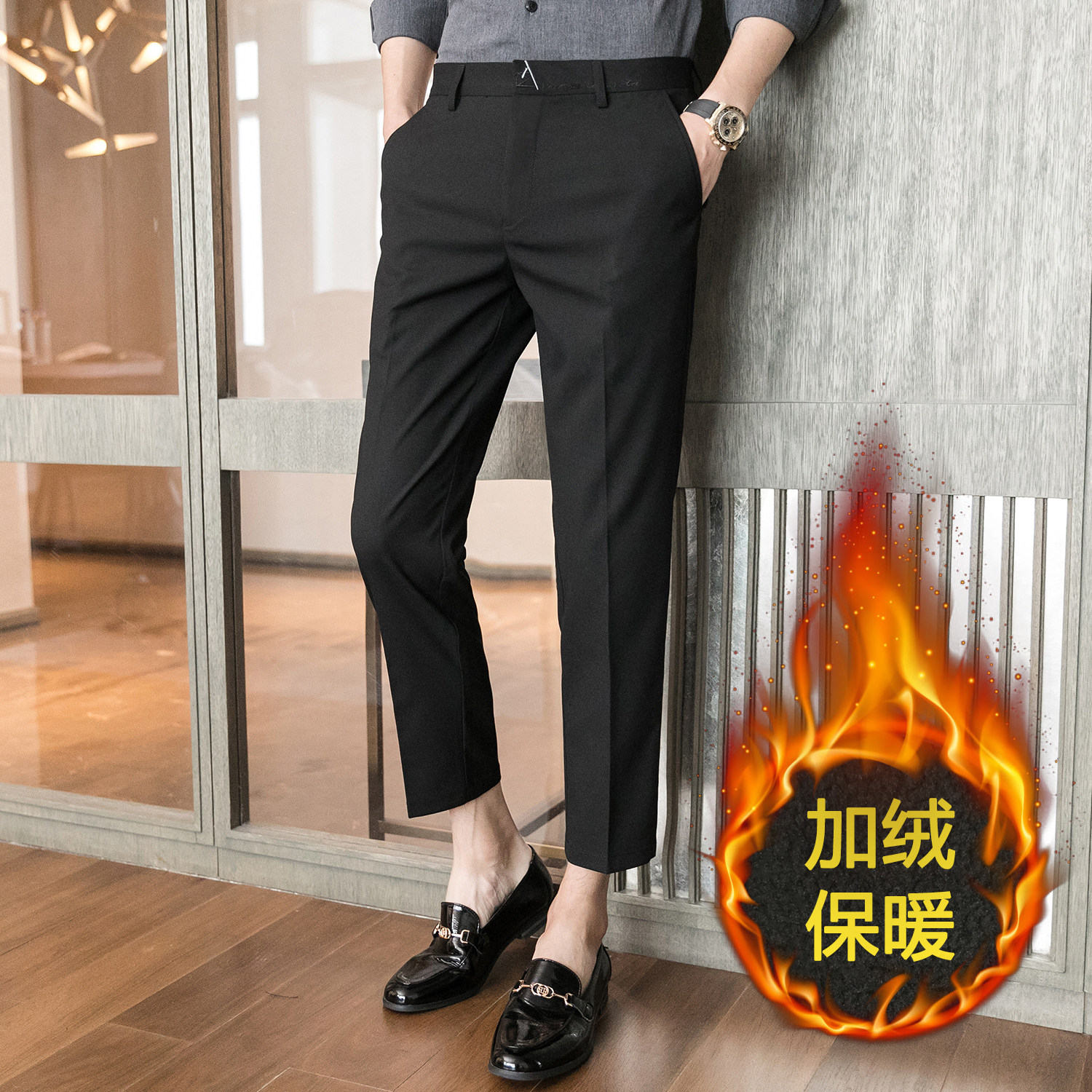 K655加绒-P55冬款加绒保暖9分裤韩版修身休闲裤黑色（88）,男装棉衣,电商A159