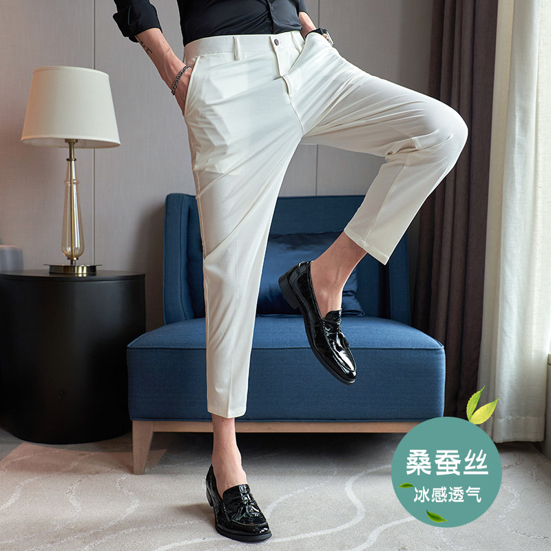 冰丝9分裤春夏修身高弹西裤白色K782-P68北辰风（108）图片