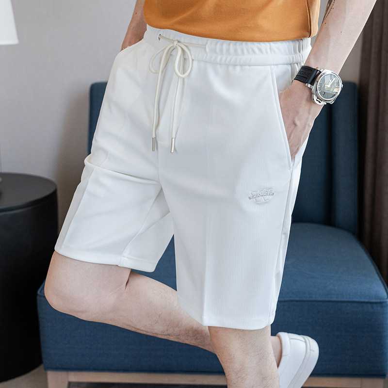 松紧腰抽绳夏款休闲5分裤刺绣短裤白色K2256-P55（88元）,男装牛仔裤,电商A159