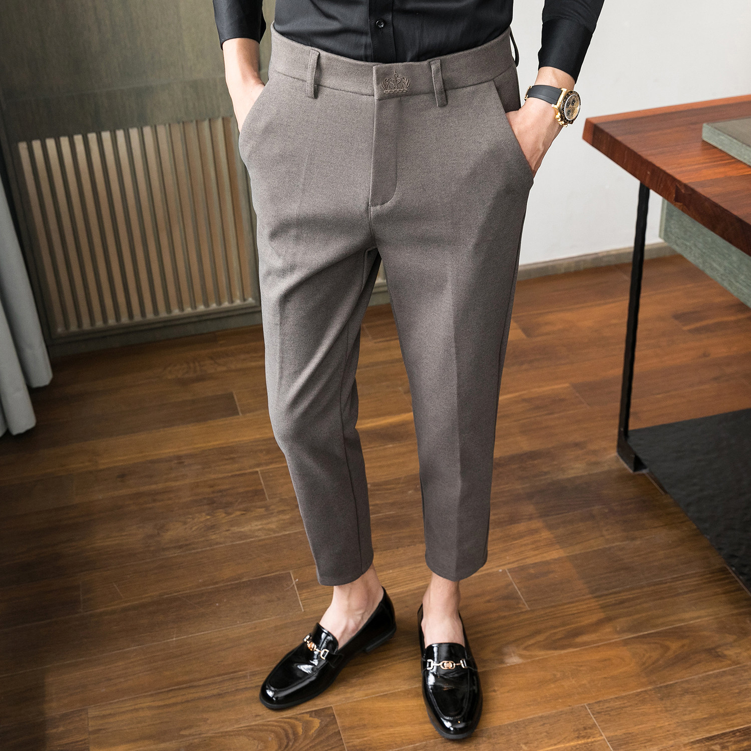 冬款毛呢9分裤绣花保暖磨毛男裤卡其K703-P60柏悦风（98），男装棉衣，电商A159