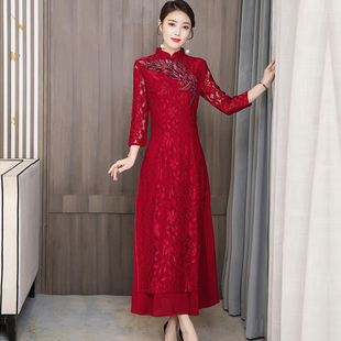 妈妈七分袖婚礼服改良旗袍秋女2025新款喜婆婆婚宴红色蕾丝连衣裙