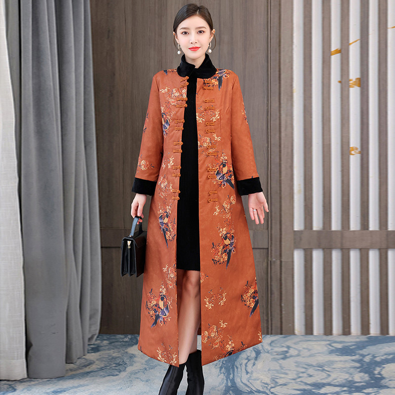 香云纱大衣女2025秋冬装夹棉加厚中国风复古优雅旗袍外套外搭长款