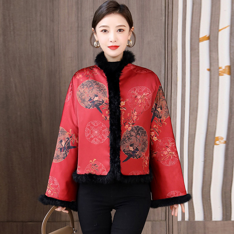 新中式国风棉服女冬季加厚红色印花毛领棉衣外套复古唐装短款上衣