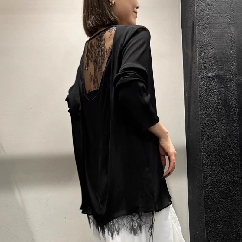 MEETC.Z春夏新款 欧货薄款透视丝料拼接蕾丝宽松显瘦衬衣女防晒衫