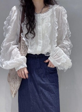 BOLATU21295春秋韩版棉麻甜美洋气方领钩花棉麻木耳长袖宽松衬衫