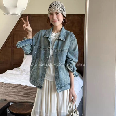 欧货牛仔棉烫钻短外套