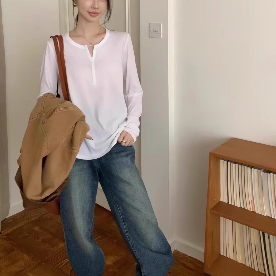 长袖韩版剪刀领定制棉女