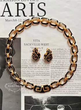 欧美宫廷风中古vintage复古气质黑色滴油几何金属镂空项链耳环女