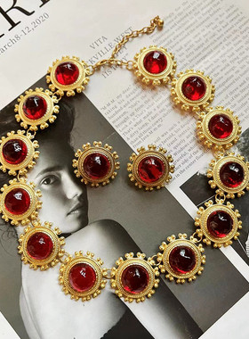 欧美复古红绿琉璃金属耳环项链女
