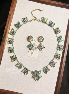 欧美宫廷中古vintage复古气质做旧水滴鲍鱼贝闪钻项链耳环套装女