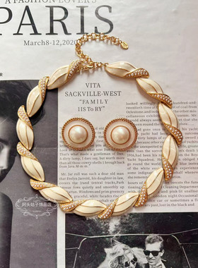 欧美宫廷风中古vintage复古气质白色滴釉珍珠短款项链耳环套装女