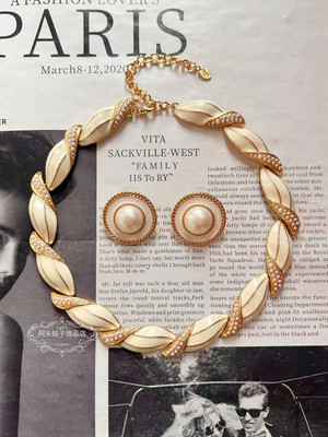 欧美宫廷风中古vintage复古气质白色滴釉珍珠短款项链耳环套装女