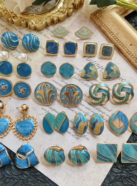 欧美风古董百搭蓝色珐琅滴油耳环