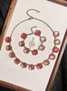 欧美宫廷中古vintage复古气质透粉色方形果冻琉璃短款项链手链女