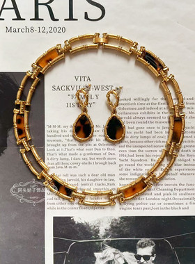 欧美宫廷风中古vintage复古气质豹纹水滴竹节短款项链耳环套装女